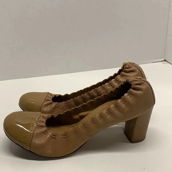 Tory Burch Romy High Heels Shoes Patent Leather Cap Toe Scrunched Brown Tan 7.5 - Picture 3 of 13